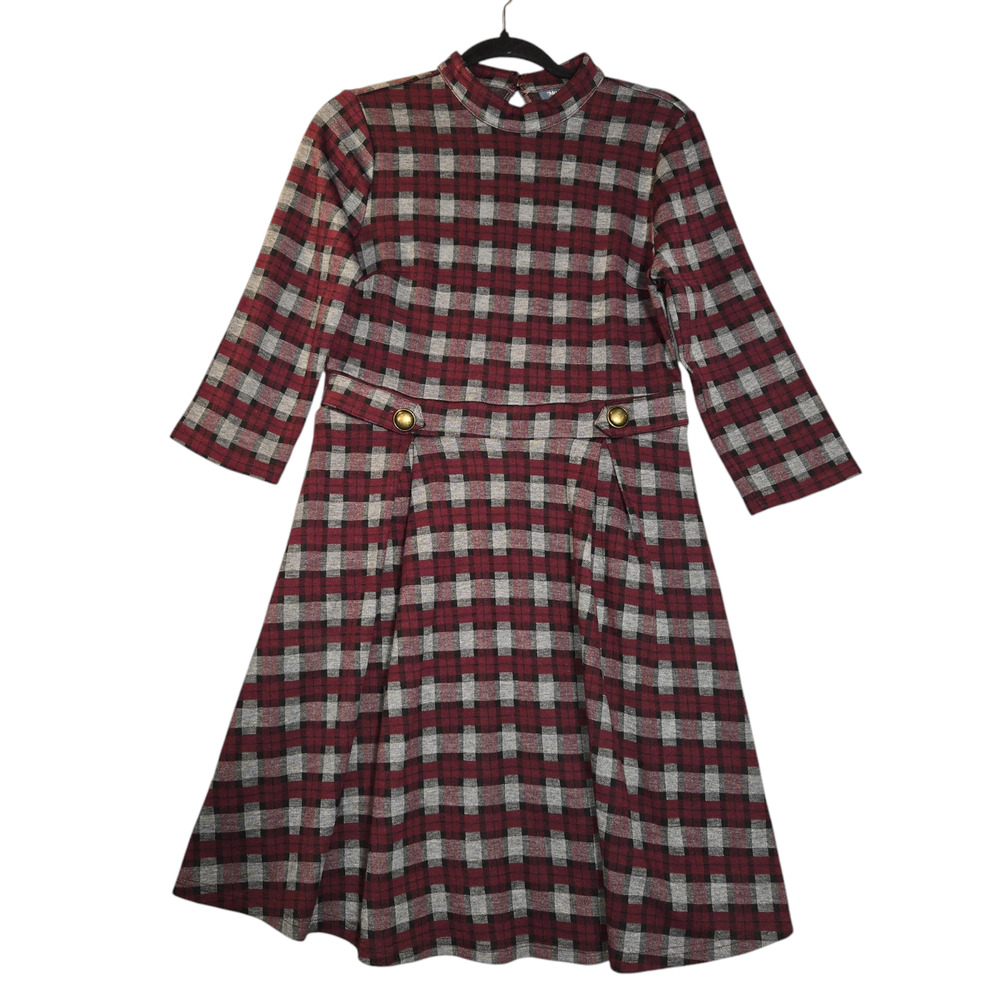 NWOT Modcloth Womens Large Fit & Flare Dress Plaid Burgundy Stretch Preppy